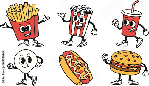 Retro Cartoon Fast Food Characters Embody Vibrant And Funky Vibes. A colorful cartoon vector illustration set of cute anthropomorphic fast food characters.  French Fries, Hot Dog, Cola And Pizza. Pop 