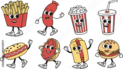 Retro Cartoon Fast Food Characters Embody Vibrant And Funky Vibes. A colorful cartoon vector illustration set of cute anthropomorphic fast food characters.  French Fries, Hot Dog, Cola And Pizza. Pop 