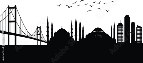 City skyline silhouette blending suspension bridge modern skyscrapers and historic mosque domes with flying birds minimalist black vector illustration