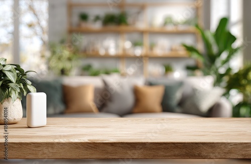 Cozy interior scene featuring a wooden table in the foreground with a blurred living room