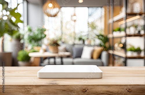 Close-up of a wooden table with a white square, blurred background of a living area