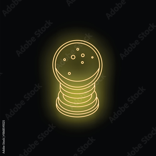 Neon glowing symbol of fresh beer in glass with foam on dark brick wall background