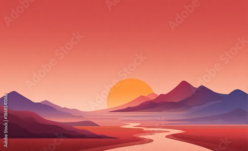 Stylized sunset over a mountain range with a winding river in shades of red and purple