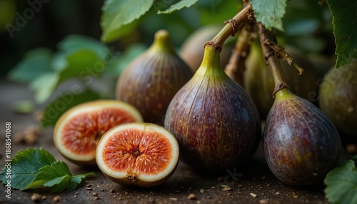 Wallpaper Mural Ripe Purple Figs Freshly Harvested on a Rustic Wooden Table Surrounded by Green Leaves Torontodigital.ca