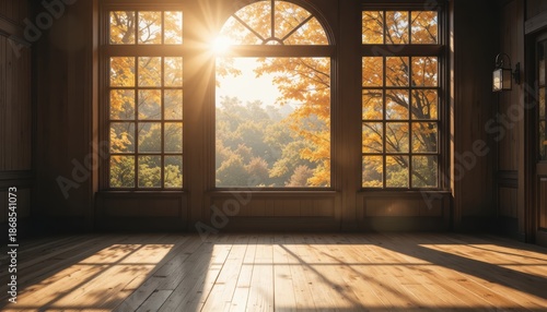 Sunlight Streaming Through Large Windows in a Room Surrounded by Autumn Foliage