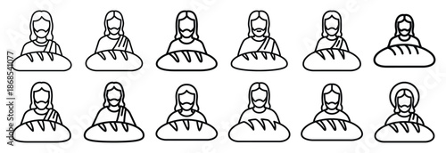 jesus blessing bread Outline Icon Set. Maundy Thursday line art icons