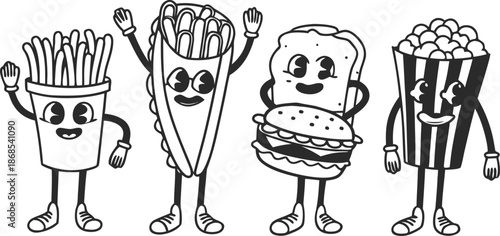 Retro Cartoon Fast Food Characters Embody Vibrant And Funky Vibes. A colorful cartoon vector illustration set of cute anthropomorphic fast food characters.  French Fries, Hot Dog, Cola And Pizza. Pop 