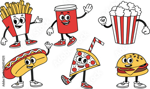 Retro Cartoon Fast Food Characters Embody Vibrant And Funky Vibes. A colorful cartoon vector illustration set of cute anthropomorphic fast food characters.  French Fries, Hot Dog, Cola And Pizza. Pop 