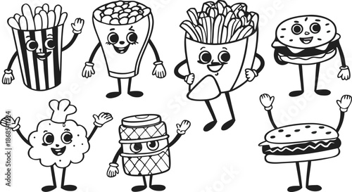 Retro Cartoon Fast Food Characters Embody Vibrant And Funky Vibes. A colorful cartoon vector illustration set of cute anthropomorphic fast food characters.  French Fries, Hot Dog, Cola And Pizza. Pop 
