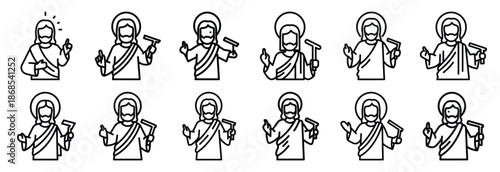 jesus teaching Outline Icon Set. Maundy Thursday line art icons
