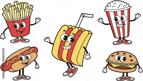 Retro Cartoon Fast Food Characters Embody Vibrant And Funky Vibes. A colorful cartoon vector illustration set of cute anthropomorphic fast food characters.  French Fries, Hot Dog, Cola And Pizza. Pop 