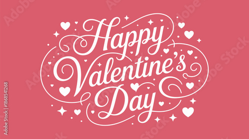 Happy valentines day decorative hand lettering typography with hearts and ornaments on pink background for love celebration