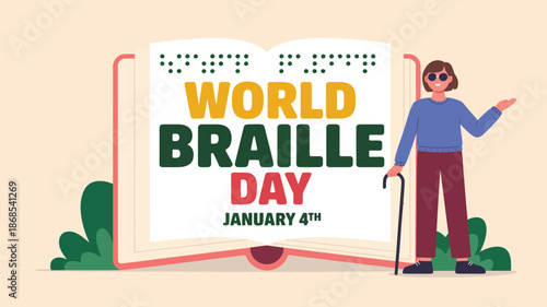 World braille day illustration with braille book typography and person character promoting accessibility inclusion education and awareness