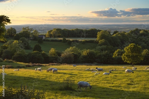 North Cotswold landscape with sheep and lambs