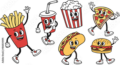 Retro Cartoon Fast Food Characters Embody Vibrant And Funky Vibes. A colorful cartoon vector illustration set of cute anthropomorphic fast food characters.  French Fries, Hot Dog, Cola And Pizza. Pop 