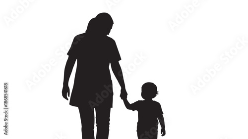 A silhouette of a mother and child walking hand in hand against a plain white background representing family