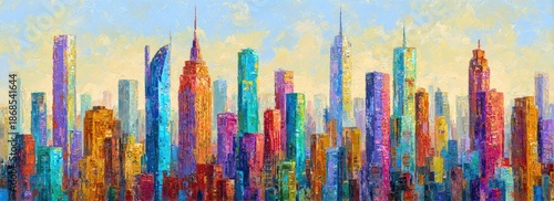 A vibrant, impressionistic painting of a city skyline, featuring colorful skyscrapers under a light sky