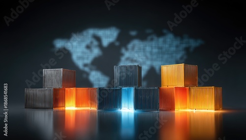 Stacked and glowing shipping containers with world map backdrop, digital illustration
