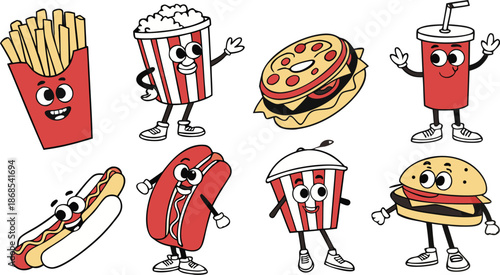 Retro Cartoon Fast Food Characters Embody Vibrant And Funky Vibes. A colorful cartoon vector illustration set of cute anthropomorphic fast food characters.  French Fries, Hot Dog, Cola And Pizza. Pop 