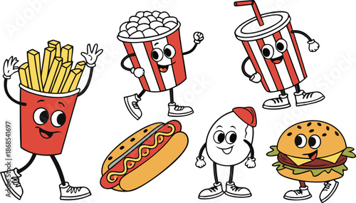 Retro Cartoon Fast Food Characters Embody Vibrant And Funky Vibes. A colorful cartoon vector illustration set of cute anthropomorphic fast food characters.  French Fries, Hot Dog, Cola And Pizza. Pop 