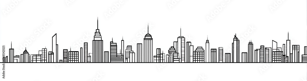Fototapeta premium A monochrome illustration presents a stylized cityscape silhouette with diverse building forms