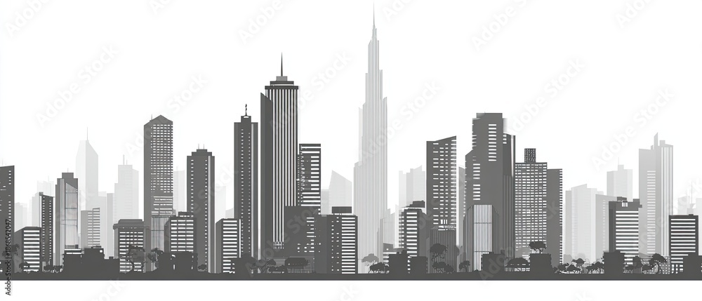 Fototapeta premium Monochrome urban skyline silhouette featuring varying heights of buildings against a bright white sky