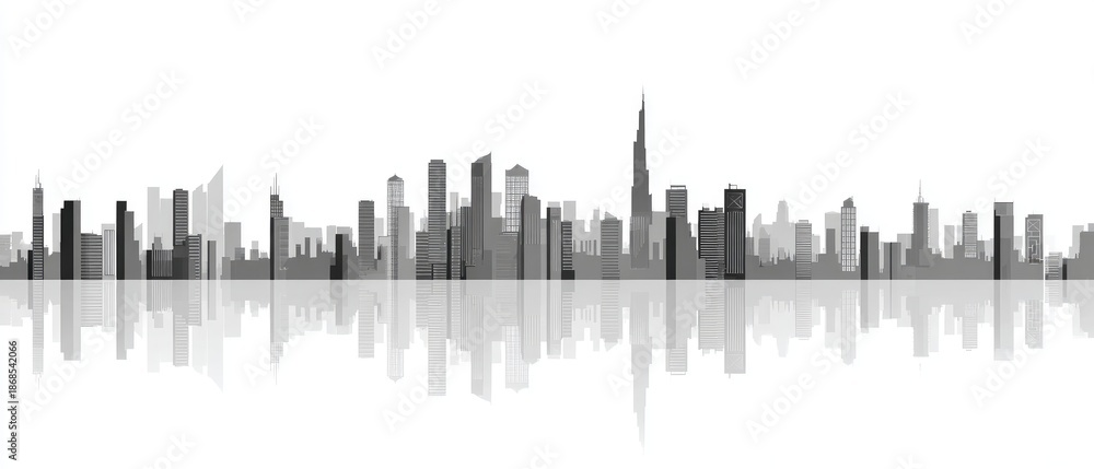 Fototapeta premium Black and white silhouette of city skyline reflected in water against a bright white background