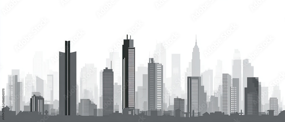 Fototapeta premium A grayscale illustration of a city skyline with various high-rise buildings against a white background