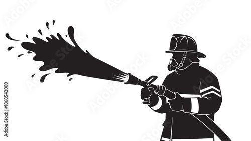 A silhouetted depiction of a firefighter actively using a water hose to extinguish flames showing bravery