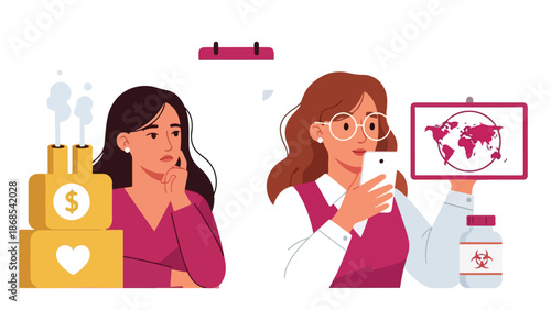 Woman thinking about money and environment, woman holding phone with world map and biohazard bottle