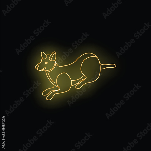 Simple neon yellow illustration of a dog lying down, glowing on a dark background