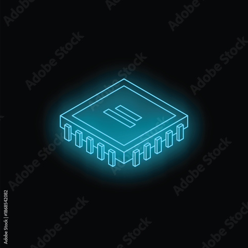 Neon blue microchip representing technological advancement and processing power on dark background