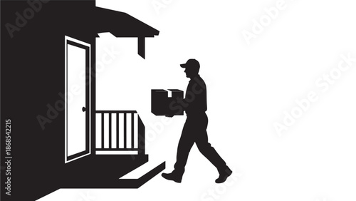 A silhouette depicts a delivery person carrying a package to an open doorway on a porch