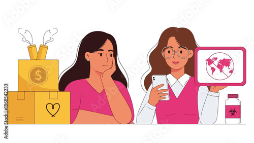 Concerned Woman Looking at Pollution and Climate Change Illustrations