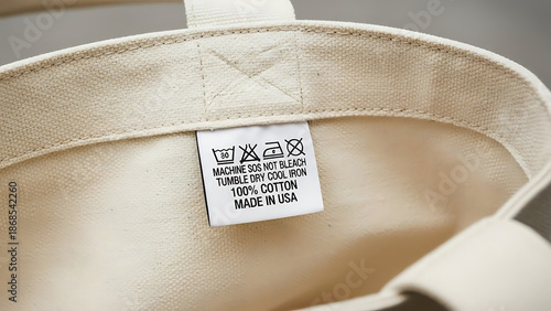 Care instructions label on canvas bag