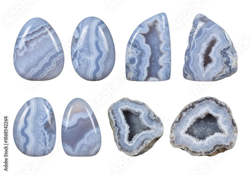 A macro photo of polished and rough blue lace agate gemstones featuring white lacing, isolated on a stark white infinity background with copy space. Scientific mineralogical study and elegant product