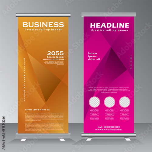 Abstract roll up banner design and vector template. orange and pulple color banner design, standee banner design, vertical banner, x-banner, standee template. pull up, Brochure. vector illustration
