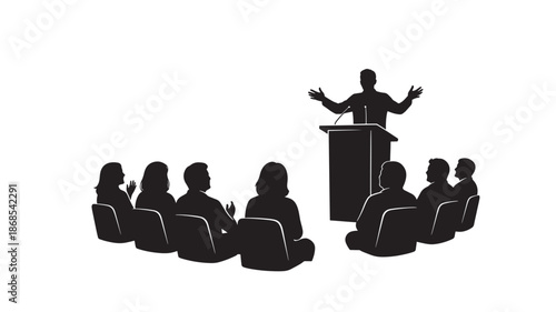 A silhouette of a speaker presenting to an audience during a conference or public speaking event