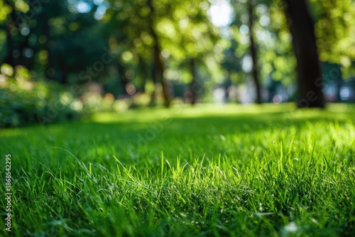 Close-up of lush green grass with blurred background of trees in a sunlit park setting