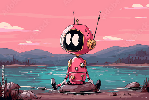 Whimsical Robot Relaxing by a Scenic Lake at Dusk