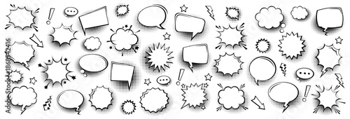 Grunge comic speech bubbles with handwritten text, brush strokes, ink smudges, acrylic stains or charcoal streaks. Hand drawn retro cartoon stickers. Chatting, message box. Vector illustration.