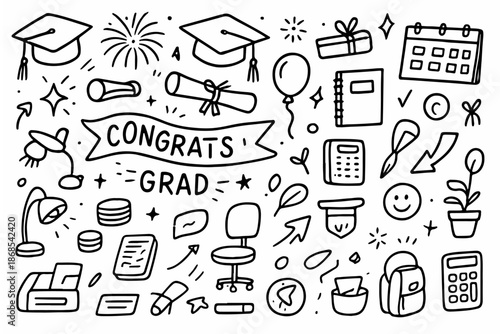 Hand-drawn doodle vector set of graduation party doodles including caps, diplomas, banners, and festive celebration elements created in a fun style, isolated on white background