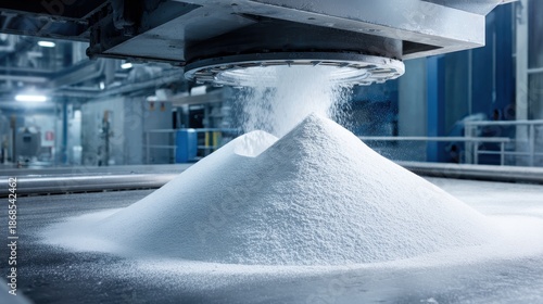 Wallpaper Mural Industrial machinery dispensing white powder or chemical granules in a factory manufacturing process Torontodigital.ca