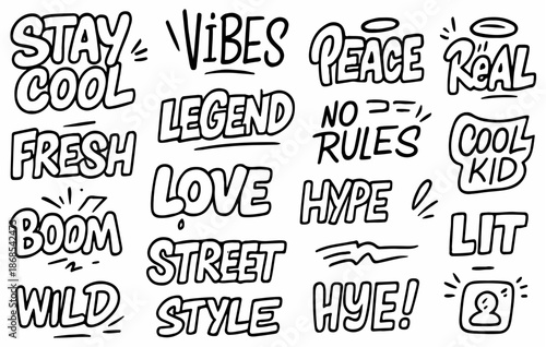 Hand-drawn doodle vector set of graffiti lettering words and tags including urban street style typography, bold phrases, and expressive elements , isolated on white background