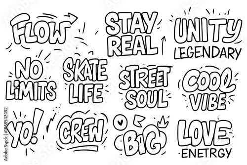 Hand-drawn doodle vector set of graffiti lettering words, street tags, and short phrases including urban style typography and bold expressive elements isolated on white background