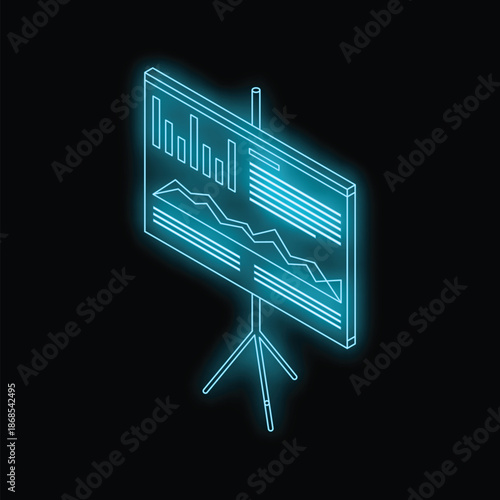 Neon blue projection screen showing graphs and data analysis, creating a futuristic atmosphere for business presentations