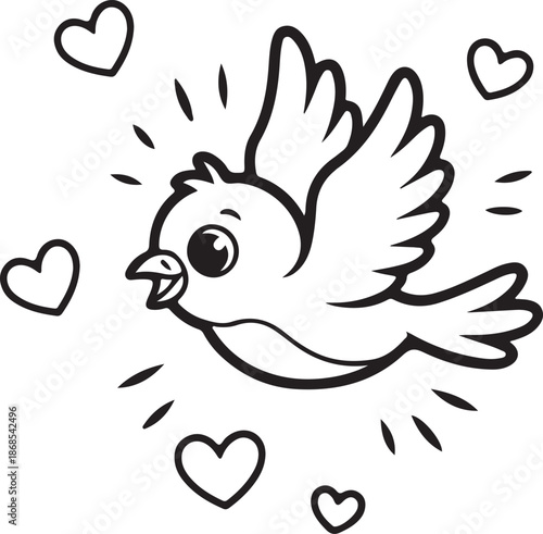 Cute Flying Bird with Hearts Line Art, love symbol bird, bird clipart, cute animal vector.