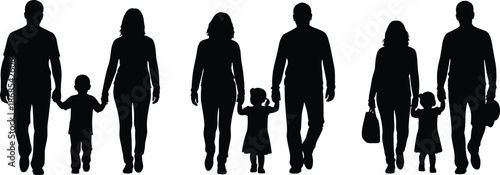 Silhouette of families walking hand-in-hand, representing unity, parenting, and emotional connection in casual everyday family lifestyle illustration