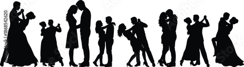 Silhouettes of couples dancing and embracing in elegant poses, symbolizing romance, celebration, and emotional connection through movement