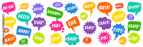 Grunge comic speech bubbles with handwritten text, brush strokes, ink smudges, acrylic stains or charcoal streaks. Hand drawn retro cartoon stickers. Chatting, message box. Vector illustration.